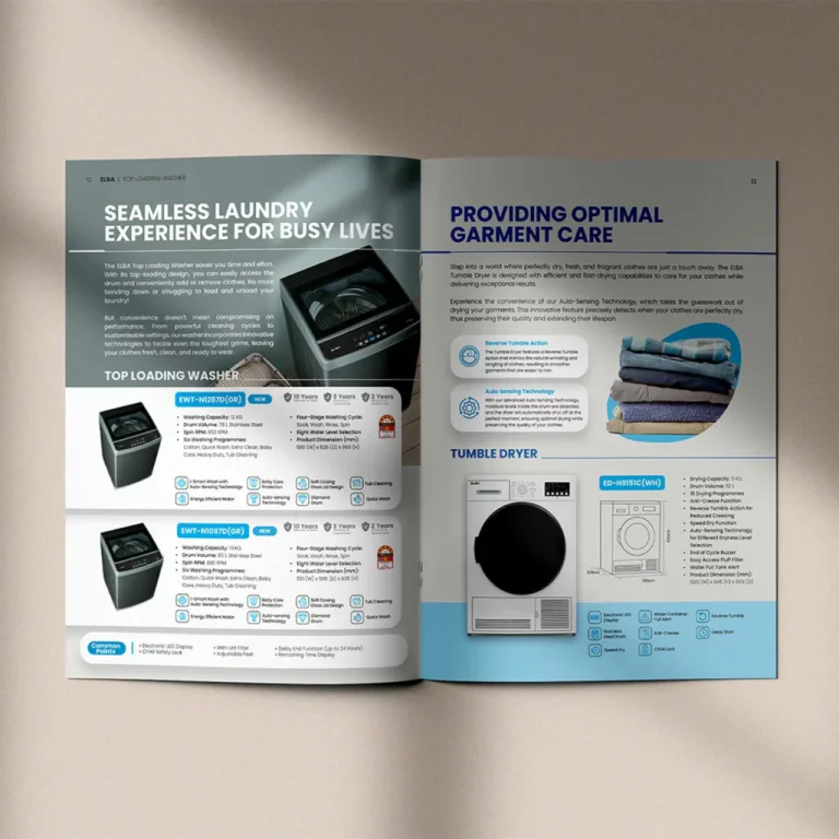 ELBA catalog product comparison table alongside lifestyle imagery