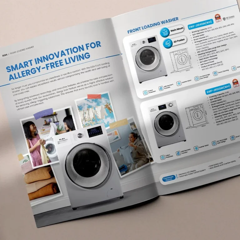 ELBA catalog spread of a front-loading washer on a clean backdrop