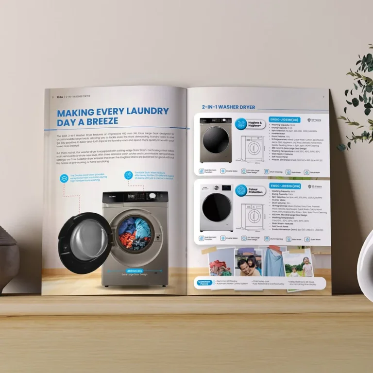 ELBA catalog feature icons for Stain Wash+, Air Fusion and Hygiene Care