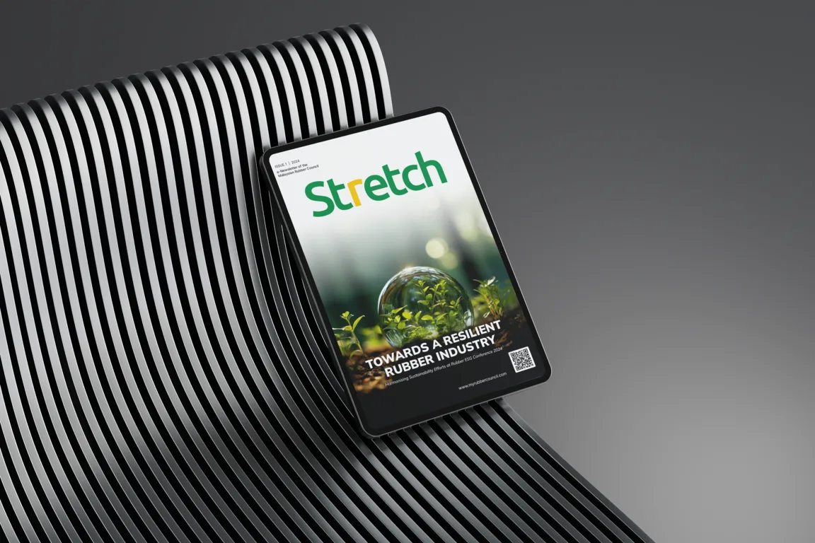 Malaysian Rubber Council STRETCH e-newsletter Issue 1 cover on a tablet, headlined Towards a Resilient Rubber Industry