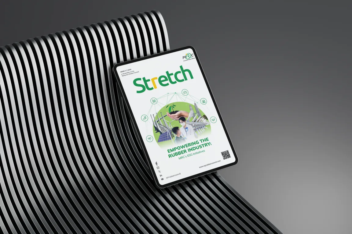 Malaysian Rubber Council STRETCH Issue 4 cover on ESG initiatives, with solar panels, wind turbines and laboratory staff