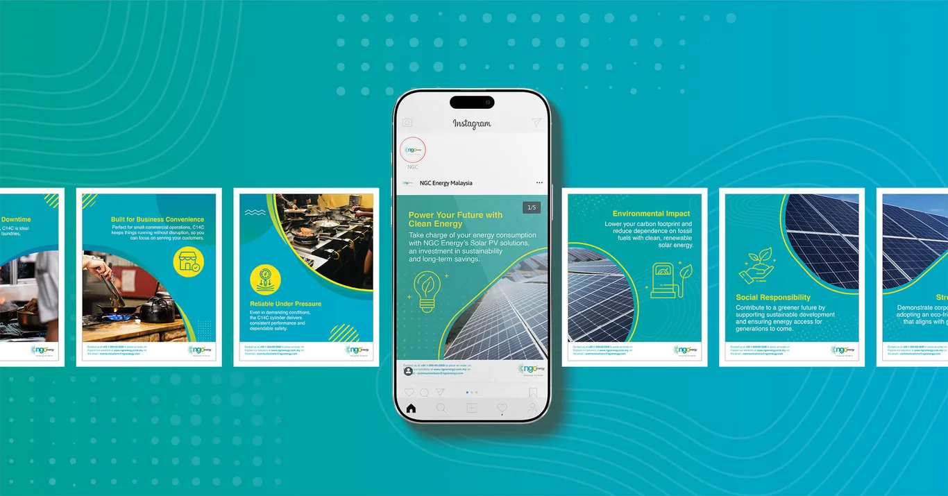 NGC Energy solar campaign post shown on an Instagram feed, with further post designs spread around the phone