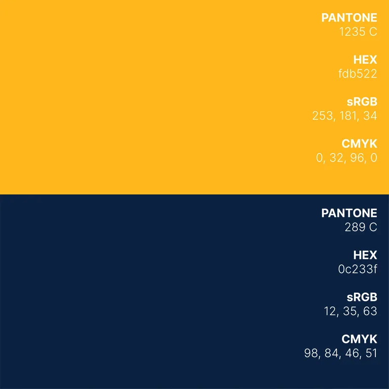 Raya Airways palette in yellow and dark blue with Pantone, hex, sRGB and CMYK values